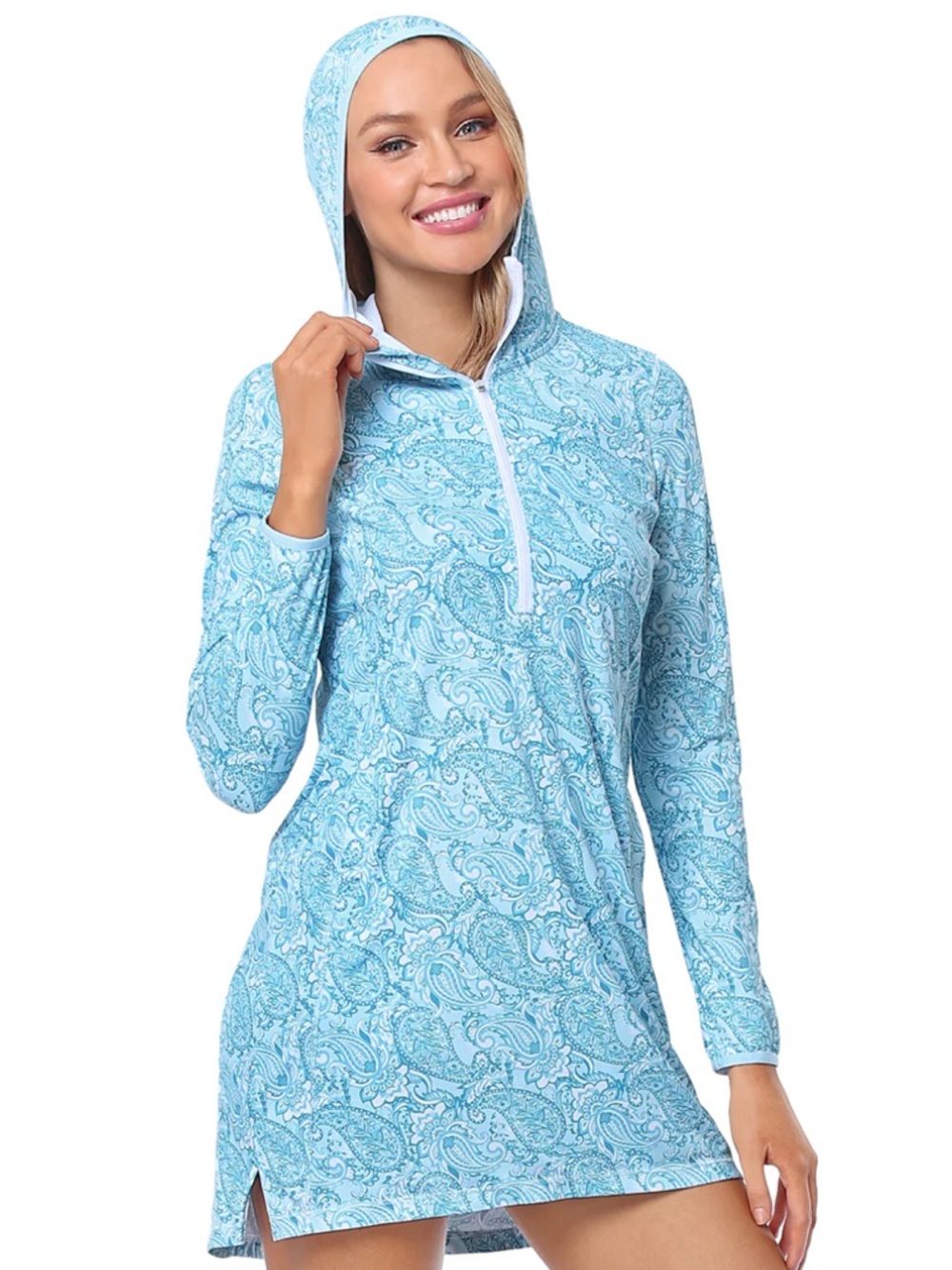 HDE Hooded Swim Cover Up XL Light Blue Paisley Zip Beach Dress Long Sleeve